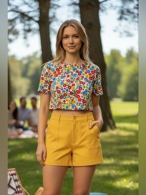 Vintage 70s 80s K-MART Yellow High Waist Mom Shorts Sz 18 L/XL Retro Boho